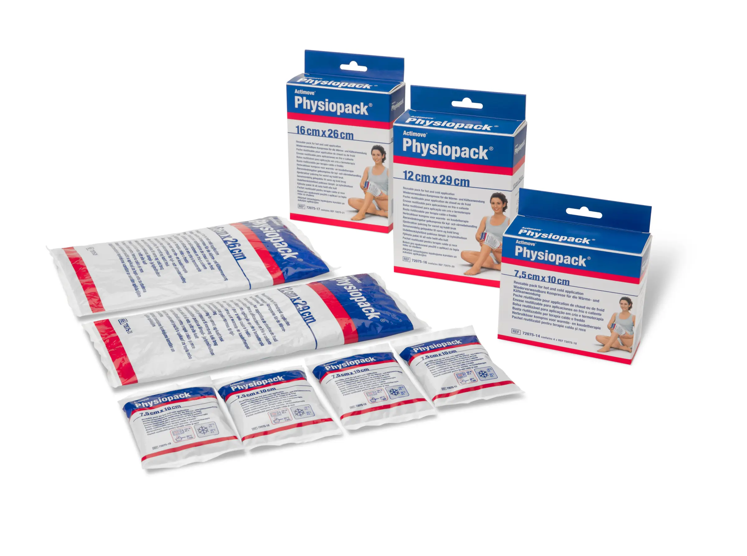 Poches de gel réutilisables Actimove® Physiopack® et leurs emballages pour application chaude ou froide.