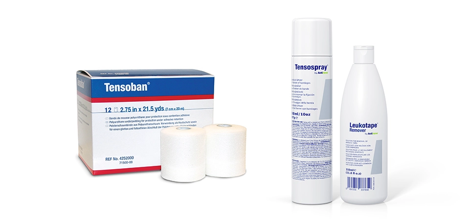 Gamme de bandes adhésives Leukotape® Classic en plusieurs couleurs, conçues pour le traitement et la prévention des lésions musculaires, ligamentaires et articulaires, avec une forte adhésion et résistance.